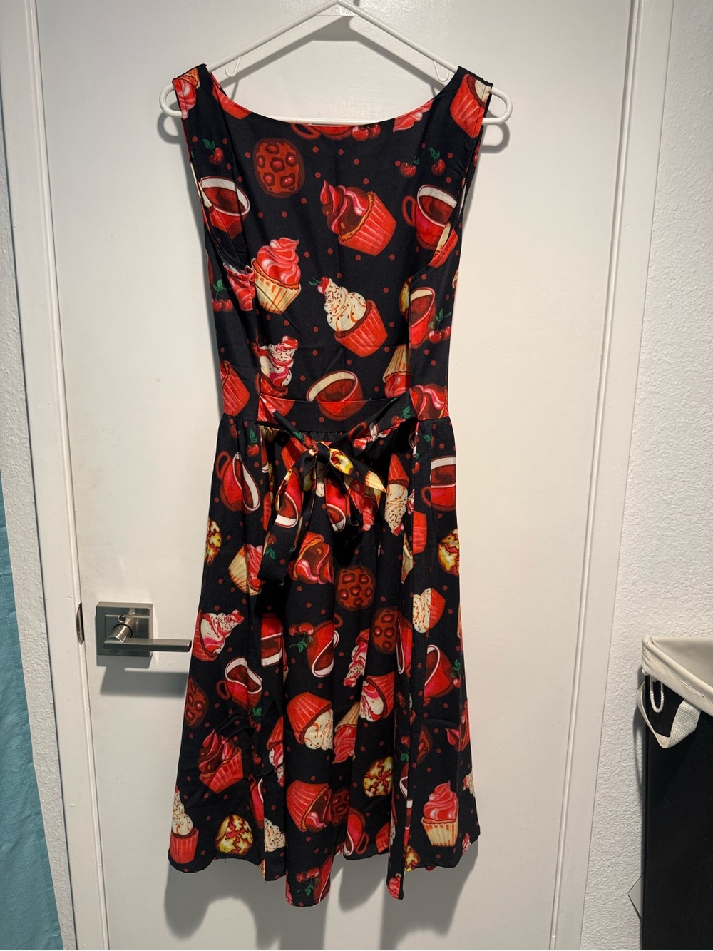 Black Cupcake Print A-Line Dress with waist tie